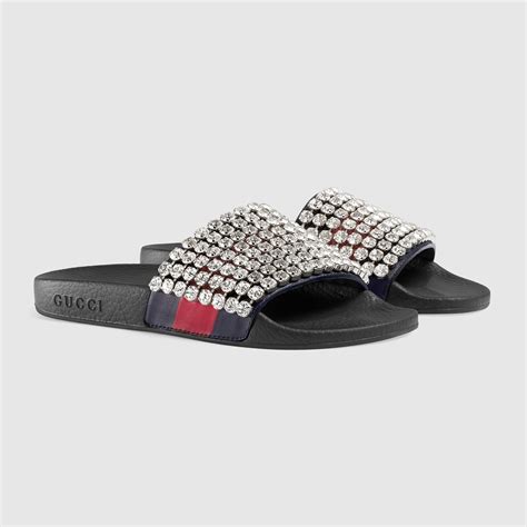 gucci crystal web slides|Gucci interlocking slides.